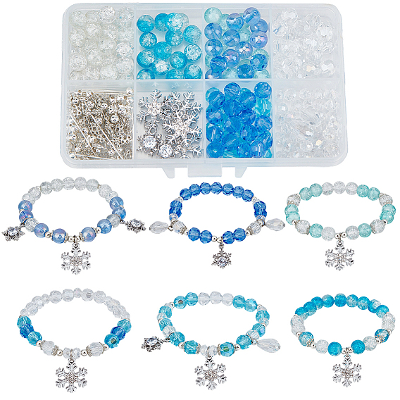 Наборы для самостоятельного изготовления браслета-подвески в виде снежинки, в том числе стеклянные бусины, колпачки для бусин и подвески из сплава, латунные булавки с плоской головкой и эластичная хрустальная нить