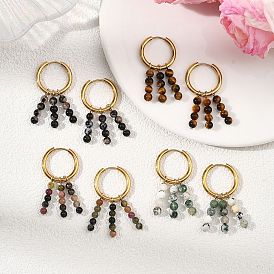 Серьги-кольца с натуральным драгоценным камнем для женщин, круглые, золотые