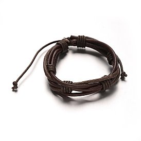 Adjustable Leather Cord Braided Multi-Strand Bracelets, with Waxed Cord, 54mm, 15x19mm