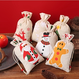Рождественские льняные подарочные пакеты, тканевые мешки для конфет и печенья на шнурке, прямоугольные