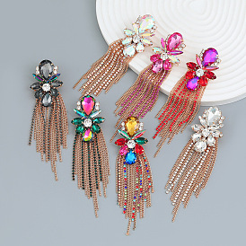 Boho Tassel Earrings with Floral Design and Sparkling Rhinestones for Women