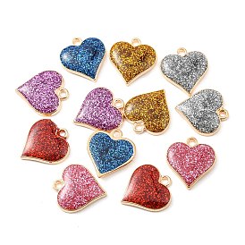 Alloy Enamel Pendants, with Glitter Sequins, Light Gold, Heart Charm