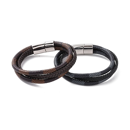 Microfiber Leather Cord Triple Layer Multi-strand Bracelet with 304 Stainless Steel Magnetic Buckle for Men Women