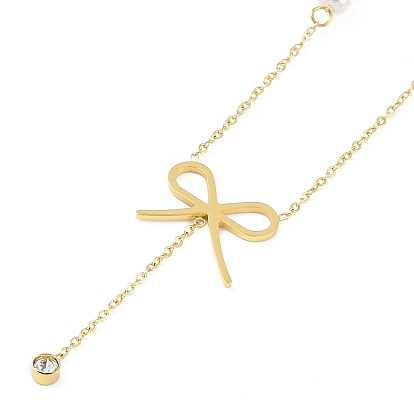 Ion Plating(IP) 304 Stainless Steel Crystal Rhinestone Bowknot Pendant Necklaces for Women, with Plastic Pearl