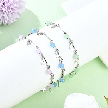 3 шт. 3 цвета 201 браслеты на ногу из латунной цепочки с подвесками в виде луны и звезды из нержавеющей стали и натурально окрашенного малайзийского нефрита, платины и нержавеющая сталь цвет