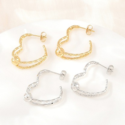 Boucles d'oreilles puces en forme de cœur, en fil ondulé texturé d'acier inoxydable, pour femmes, avec 304 broches chirurgicales en acier inoxydable, placage sous vide pvd