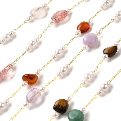 Цепочки из бусин с натуральными самородками драгоценных камней ручной работы, пайки, с бусинами из АБС-пластика и фурнитурой из латуни с покрытием из стойки, долговечный, без свинца и без кадмия, с катушкой, реальный 18 k позолоченный