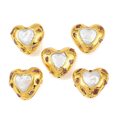 Бусины из натурального жемчуга и натурального красного турмалина, с латунной фурнитурой , сердце, цветочный белый