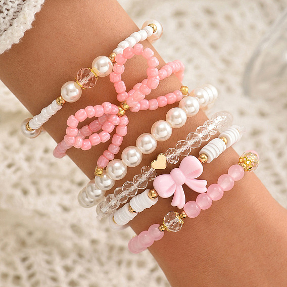 6 шт. 6 стили стеклянные и пластиковые жемчужные бусины эластичные браслеты для женщин, бантом