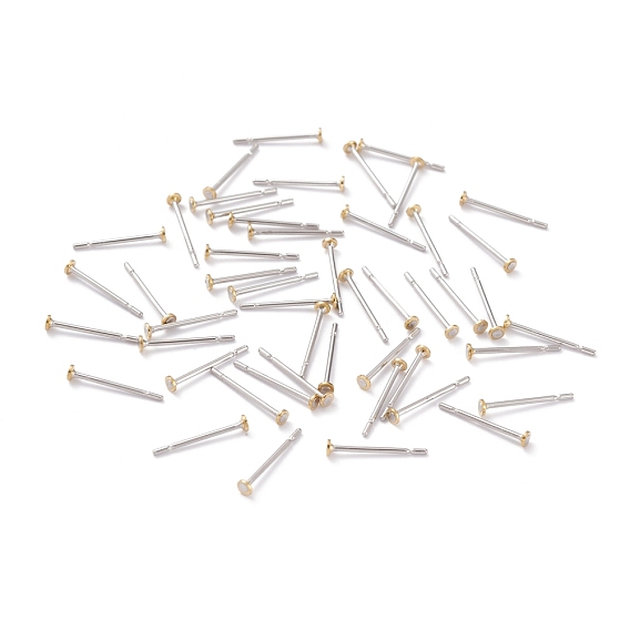 304 Stainless Steel Stud Earring Findings, with Brass Flat Pad Earring Post, Flat Round