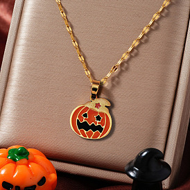 Halloween Witch Hat Pumpkin Stainless Steel Enamel Pendant Dapped Chain Necklaces, Creative Holiday Accessories, Golden