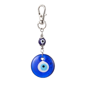 Handmade Evil Eye Lampwork Pendant Decorations, with Alloy Swivel Lobster Claw Clasps, Flat Round