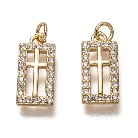 Brass Micro Pave Clear Cubic Zirconia Pendants, Long-Lasting Plated, with Jump Rings, Rectangle with Cross