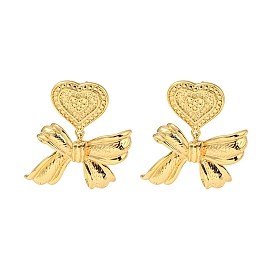 Rack Plating Brass Dangle Stud Earrings, Heart with Bowknot, Long-Lasting Plated, Cadmium Free & Lead Free