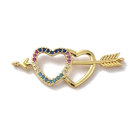 Eco-Friendly Rack Plating Brass Micro Pave Cubic Zirconia Connector Charms, Long-Lasting Plated, Lead Free & Cadmium Free, Double Heart with Arrow