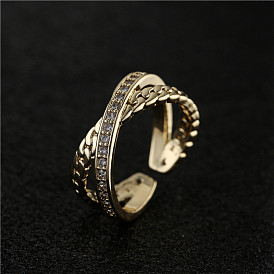 Geometric Cross Open Ring with Micro Pave Diamond Adjustable Women's Daily Wear
