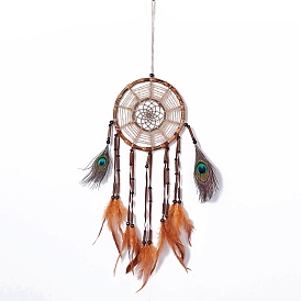 Native Style Bamboo Ring Woven Net/Web with Feather Wall Hanging Decoration, with ABS Beads, for Home Offices Amulet Ornament