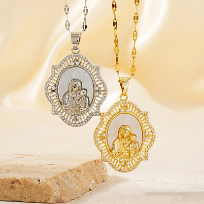 Винтажное ожерелье с кулоном в виде ромба из латуни с микропаве из прозрачных кубических цирконий и Девой Марией, белой эмалью