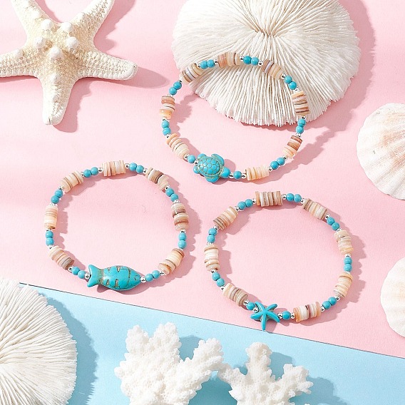 Браслеты из натуральных пресноводных ракушек с бусинами, составные браслеты для женщин, с крошкой синтетической бирюзы