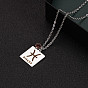 Constellation Rectangle Pendant Necklace, 201 Stainless Steel Square with Rhinestone Pendant Necklace for Men Women