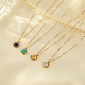 Gemstone Flat Round Pendant Necklacas, Golden Tone Stainless Steel Cable Chain Pendant Necklaces for Women