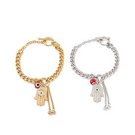 Round Lampwork & Hamsa Hand with Evil Eye Charm Bracelet with 304 Stainless Steel Chain for Women