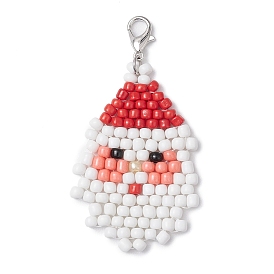 Christmas Theme Santa Claus Glass Seed Beaded Pendant Decoration, with Alloy Lobster Claw Clasps