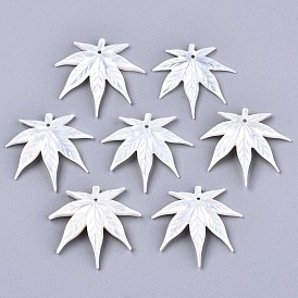 Autumn Theme Natural White Shell Mother of Pearl Shell Pendants, Carved, Maple Leaf