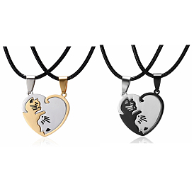 2Pcs 2 Style Couple Necklaces Set, Titanium Steel Matching Splite Heart with Cat Pendants Necklace for Valentine's Day