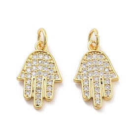 Rack Plating Brass Micro Pave Clear Cubic Zirconia Pendants, with Jump Ring, Cadmium Free & Lead Free, Long-Lasting Plated, Hamsa Hand