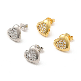 Rack Plating Brass Micro Pave Clear Cubic Zirconia Heart Stud Earrings, Long-Lasting Plated, Lead Free & Cadmium Free
