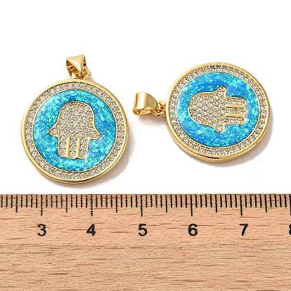 Brass Micro Pave Cubic Zirconia with Synthetic Opal Pendants, Flat Round with Hamsa Hand