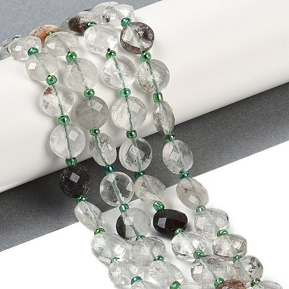 Натуральный зеленый лодолитовый кварц / садовый кварц, граненые, плоско-круглые, с бисером