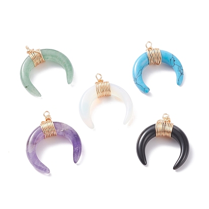 Natural & Synthetic Gemstone Pendants, with Brass Wire Wrapped, Moon