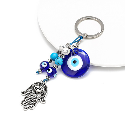 Alloy Hamsa Hand/Hand of Miriam Keychain, with Synthetic Turquoise Bead and Glass Turkish Evil Eye Charm