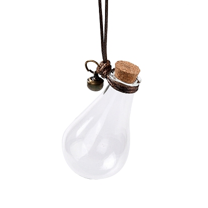Pear-shaped Glass Cork Bottles Ornament, with Waxed Cord & Iron Bell, Glass Empty Wishing Bottles, DIY Vials for Pendant Decorations