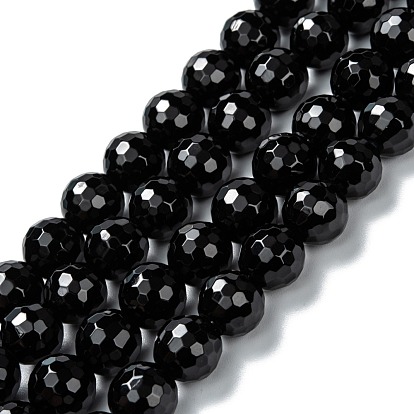 Natural Black Onyx Beads Strands, Dyed & Heated, Faceted, Round