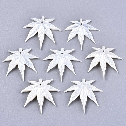 Autumn Theme Natural White Shell Mother of Pearl Shell Pendants, Carved, Maple Leaf