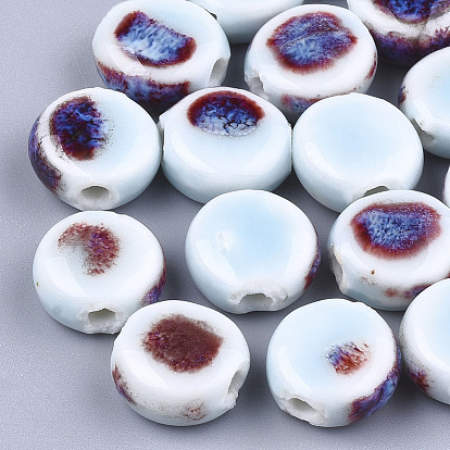 Handmade Porcelain Beads, Fancy Antique Glazed Porcelain, Flat Round