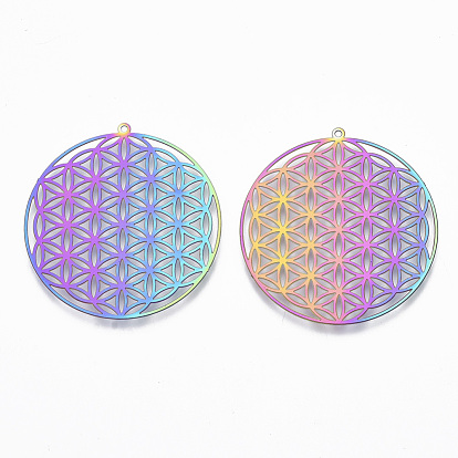 Ion Plating(IP) 201 Stainless Steel Filigree Pendants, Spiritual Charms, Etched Metal Embellishments, Flower of Life