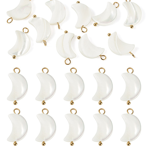 10 pièces pendentifs lune en coquillage naturel, avec 304 boucles en acier inoxydable, couleur de coquillage, placage ionique (ip)