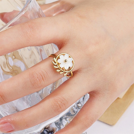 Adjustable 304 Stainless Steel Cuff Open Rings, Flower with Leaf, with Resin