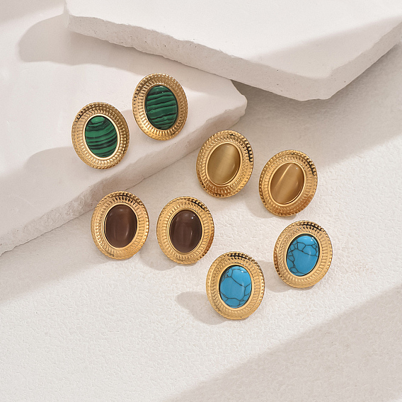 Винтажные серьги-гвоздики из нержавеющей стали с драгоценными камнями, овальные, золотые