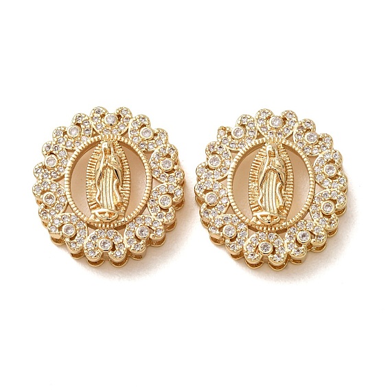 Breloques de connecteur en laiton micro pavé de zircone cubique transparente, rond plat floral avec maillons de la Vierge Marie, crémaillère plaquage, plaqué longue durée, sans cadmium et sans plomb