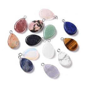 Mixed Gemstone Pendants, Flat Teardrop Charms, with Stainless Steel Color Tone Stainless Steel Loops