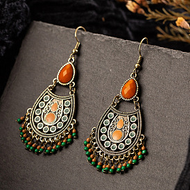 Bohemian Ethnic Style Water Drop Earrings with Beaded Tassels for Women