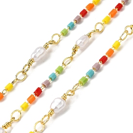 Cadenas de bola de latón, con perlas de imitación de vidrio y plástico abs, sin plomo y el cadmio, larga duración plateado, chapado en rack, soldada, con carrete