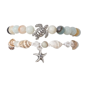 2Pcs 2 Style Natural & Synthetic Mixed Gemstone & Glass & Shell Stretch Bracelets with Tortoise, Stackable Bracelets with Alloy Starfish Charms