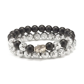 Pierre de lave naturelle ronde et perles de pierre noire synthétique ensemble de bracelets extensibles de puissance d'énergie, Hamsa main/main de miriam alliage perle protection bracelets porte-bonheur pour fille femmes, argent antique