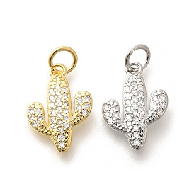 Brass Micro Pave Clear Cubic Zirconia Pendants, with Jump Ring, Long-Lasting Plated, Lead Free & Cadmium Free, Cactus Charms